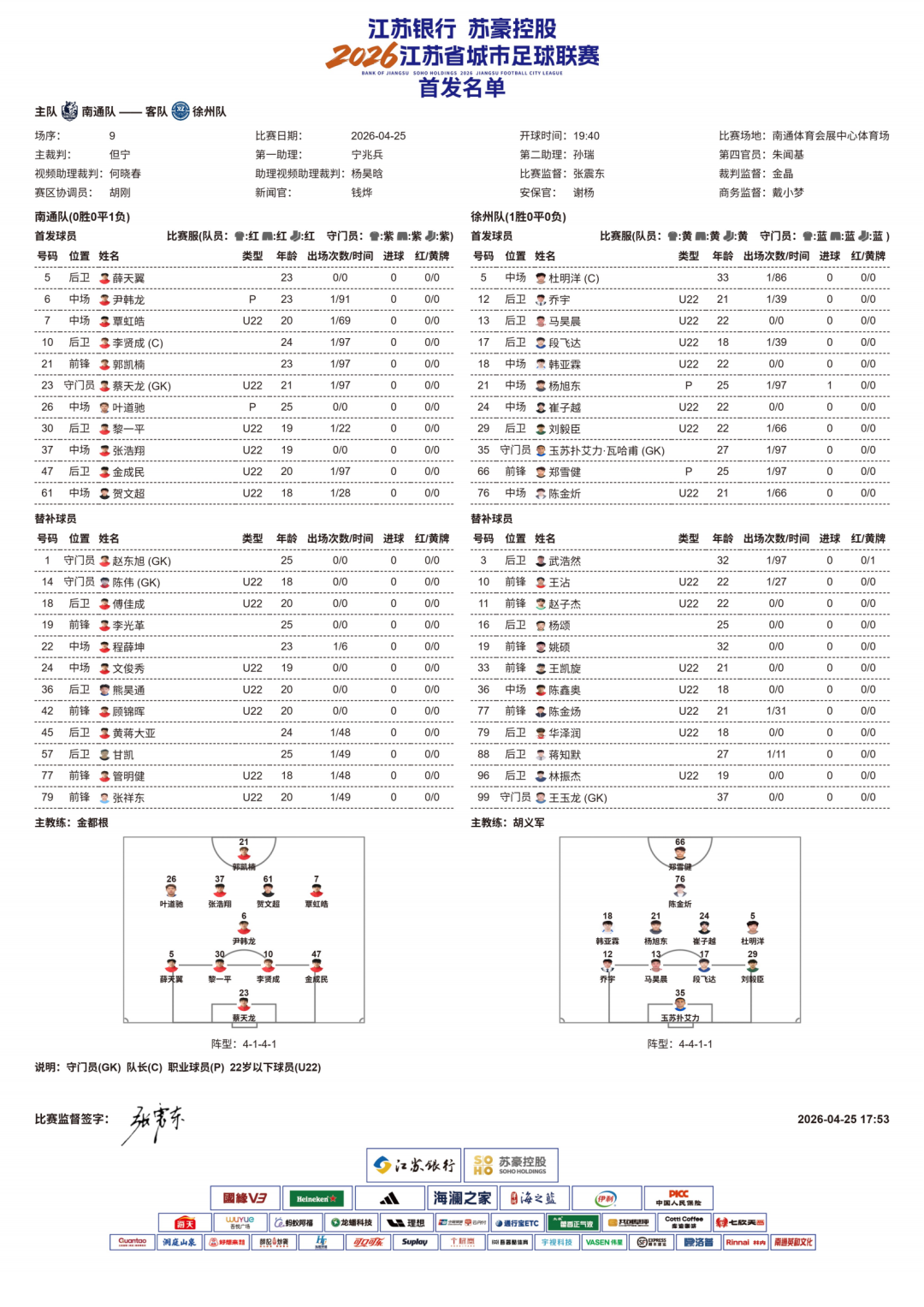 MK体育登录入口-南通VS徐州，首发阵容！